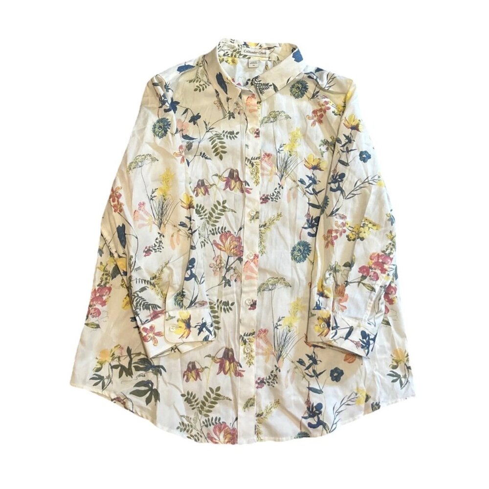 Coldwater Creek Floral Buttoned 100% Cotton Shirt 3/4 Sleeve top Size 12